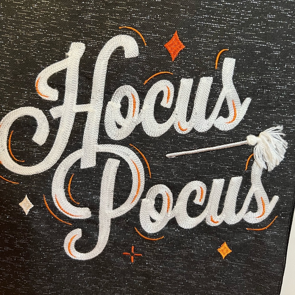 Halloween Hocus POCUS Table Runner Metallic Silver Thread Witch Broom